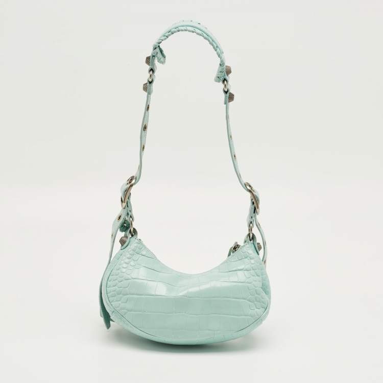 Pre Owned Balenciaga Pale Turquoise Croc Embossed Leather XS Le Cagole Shoulder Bag