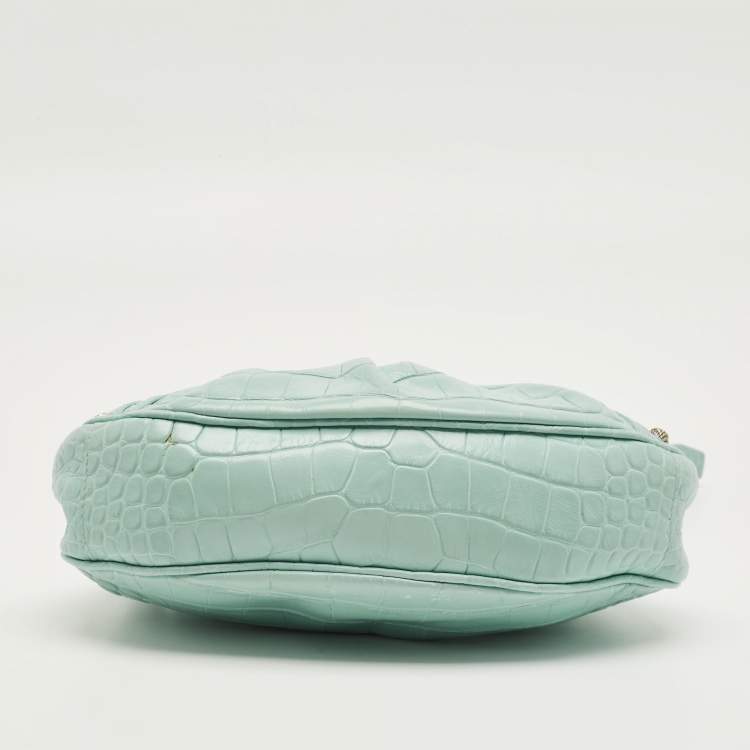 Pre Owned Balenciaga Pale Turquoise Croc Embossed Leather XS Le Cagole Shoulder Bag