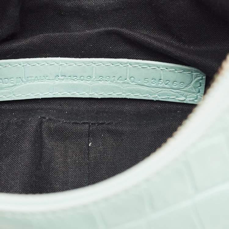 Pre Owned Balenciaga Pale Turquoise Croc Embossed Leather XS Le Cagole Shoulder Bag