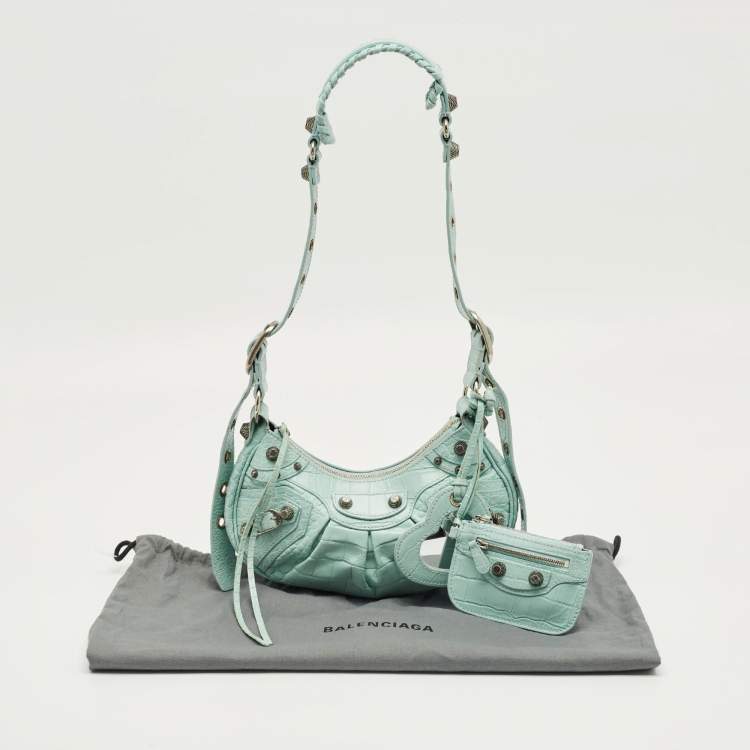 Pre Owned Balenciaga Pale Turquoise Croc Embossed Leather XS Le Cagole Shoulder Bag