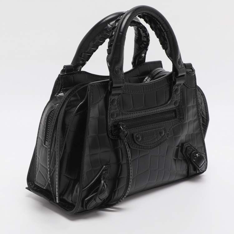 Pre Owned Balenciaga Black Croc Embossed Leather Mini Neo Classic City Tote