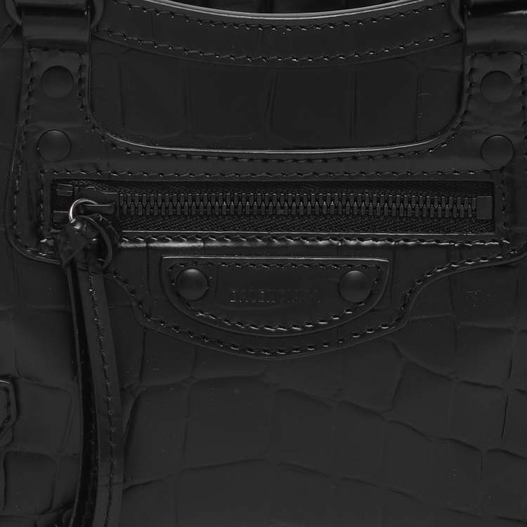 Pre Owned Balenciaga Black Croc Embossed Leather Mini Neo Classic City Tote