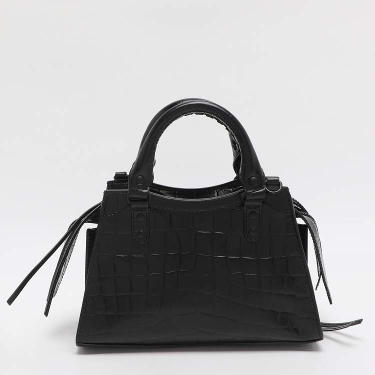 Pre Owned Balenciaga Black Croc Embossed Leather Mini Neo Classic City Tote