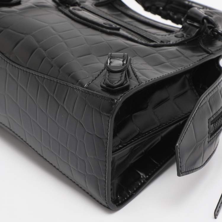 Pre Owned Balenciaga Black Croc Embossed Leather Mini Neo Classic City Tote
