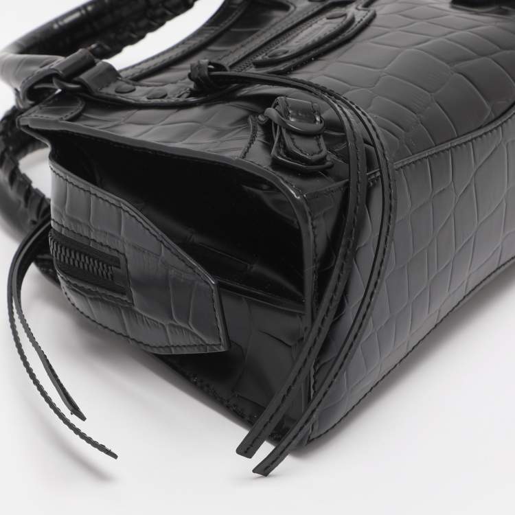 Pre Owned Balenciaga Black Croc Embossed Leather Mini Neo Classic City Tote