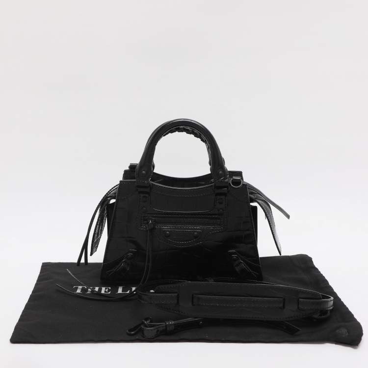 Pre Owned Balenciaga Black Croc Embossed Leather Mini Neo Classic City Tote