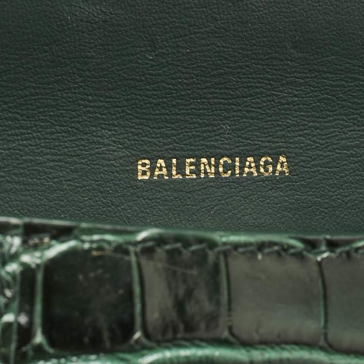 Pre Owned Balenciaga Green Croc Embossed Leather Small Hourglass Top Handle Bag