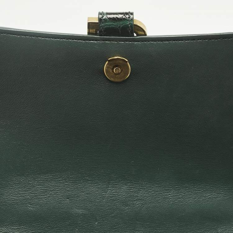 Pre Owned Balenciaga Green Croc Embossed Leather Small Hourglass Top Handle Bag