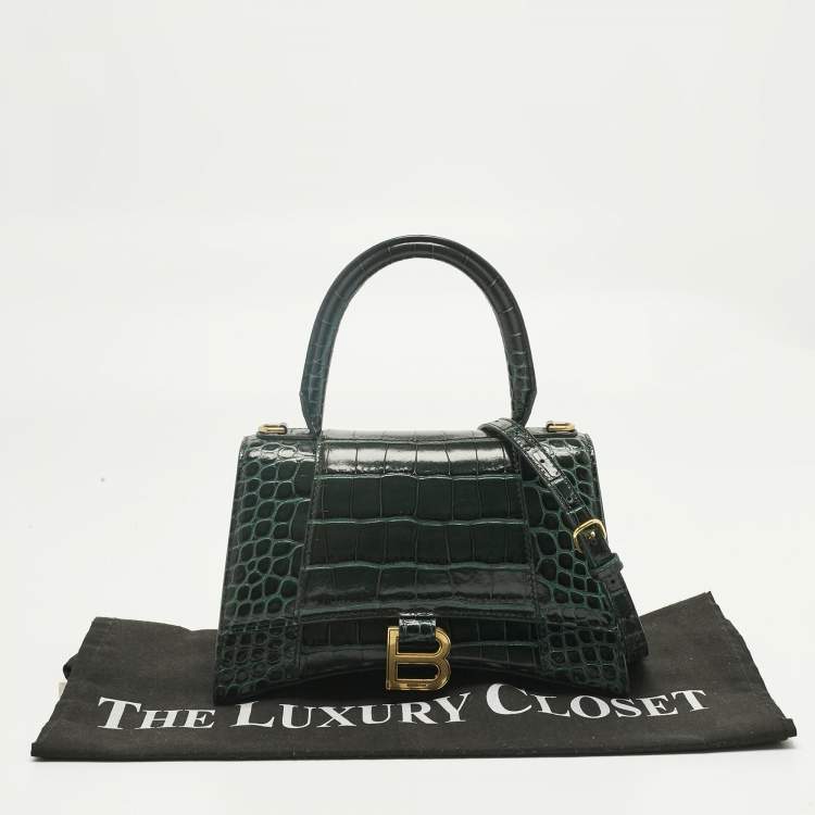 Pre Owned Balenciaga Green Croc Embossed Leather Small Hourglass Top Handle Bag