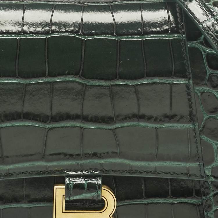 Pre Owned Balenciaga Green Croc Embossed Leather Small Hourglass Top Handle Bag