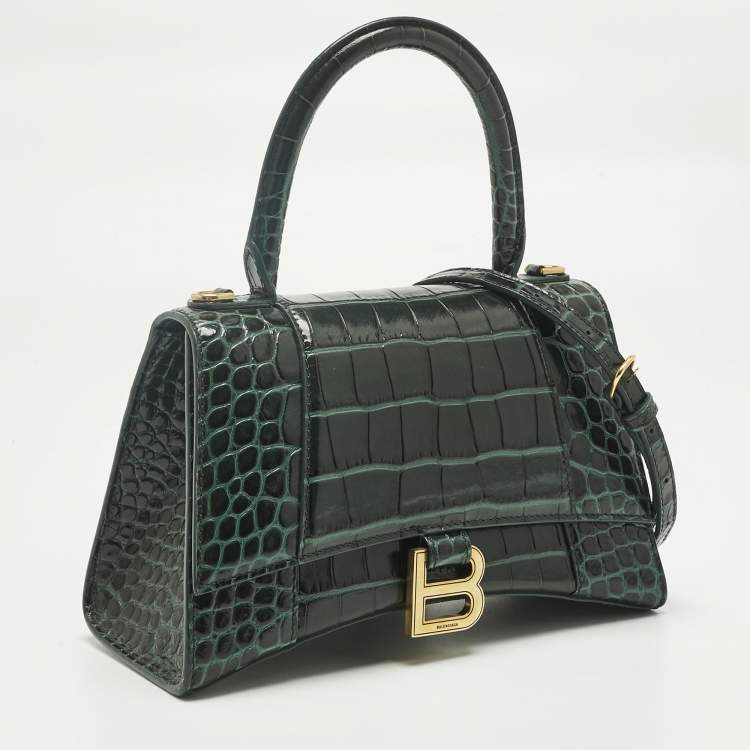 Pre Owned Balenciaga Green Croc Embossed Leather Small Hourglass Top Handle Bag