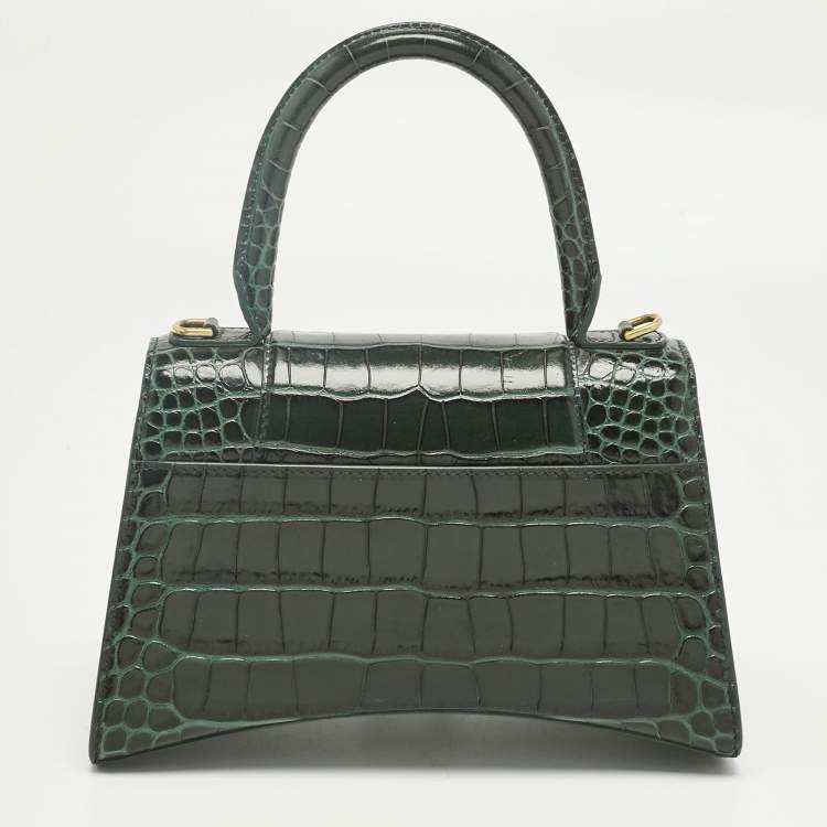 Pre Owned Balenciaga Green Croc Embossed Leather Small Hourglass Top Handle Bag