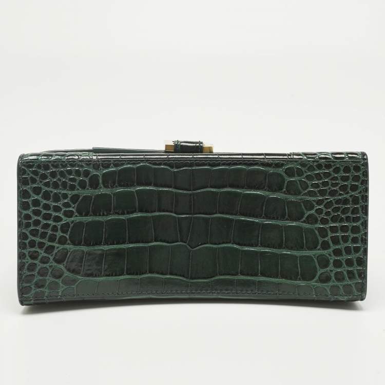Pre Owned Balenciaga Green Croc Embossed Leather Small Hourglass Top Handle Bag