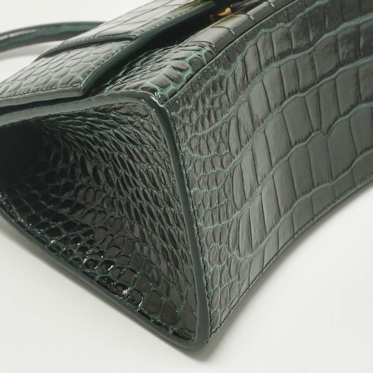 Pre Owned Balenciaga Green Croc Embossed Leather Small Hourglass Top Handle Bag