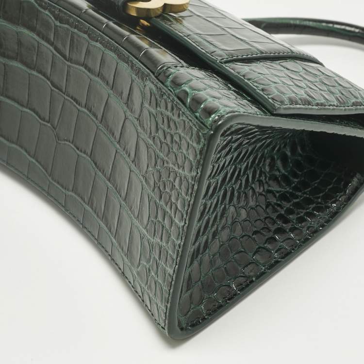 Pre Owned Balenciaga Green Croc Embossed Leather Small Hourglass Top Handle Bag