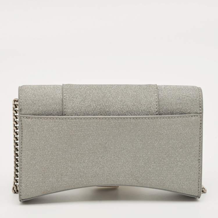 Pre Owned Balenciaga Grey Glitter Leather Hourglass Wallet on Chain