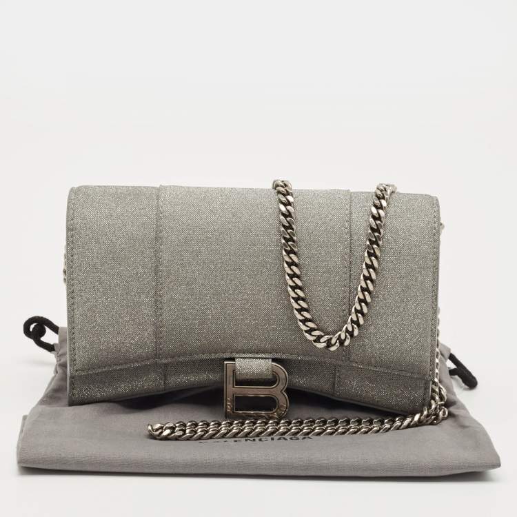 Pre Owned Balenciaga Grey Glitter Leather Hourglass Wallet on Chain