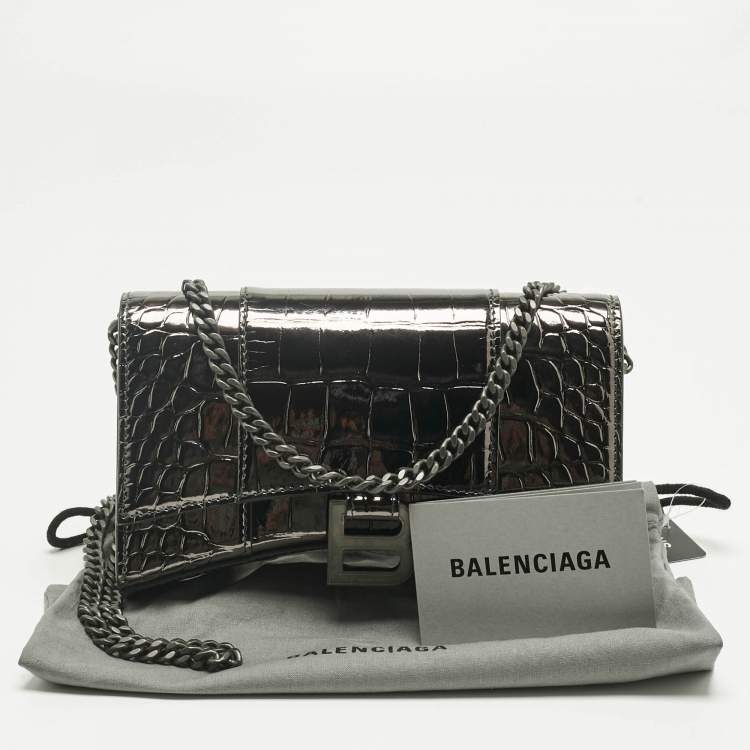 Pre Owned Balenciaga Metallic Grey Croc Embossed Patent Leather Hourglass Wallet on Chain