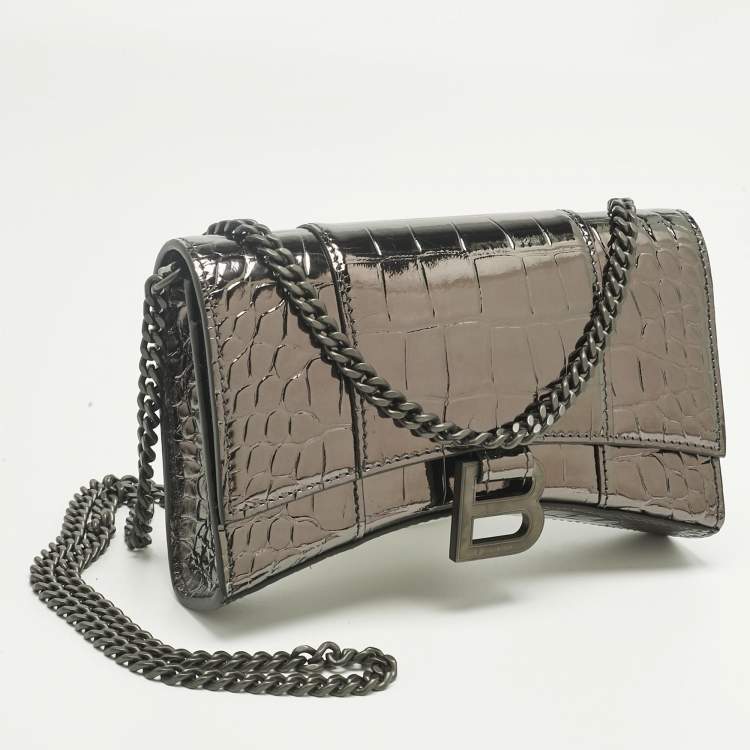 Pre Owned Balenciaga Metallic Grey Croc Embossed Patent Leather Hourglass Wallet on Chain