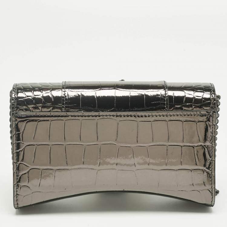 Pre Owned Balenciaga Metallic Grey Croc Embossed Patent Leather Hourglass Wallet on Chain