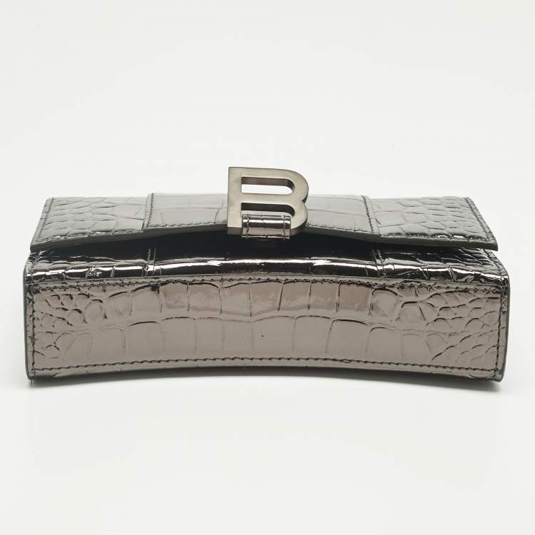 Pre Owned Balenciaga Metallic Grey Croc Embossed Patent Leather Hourglass Wallet on Chain