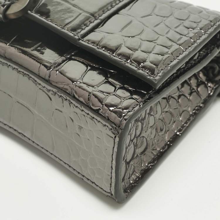 Pre Owned Balenciaga Metallic Grey Croc Embossed Patent Leather Hourglass Wallet on Chain