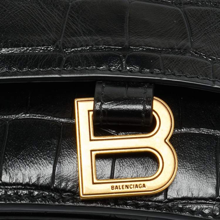 Pre Owned Balenciaga Black Croc Embossed Leather Small Hourglass Top Handle Bag