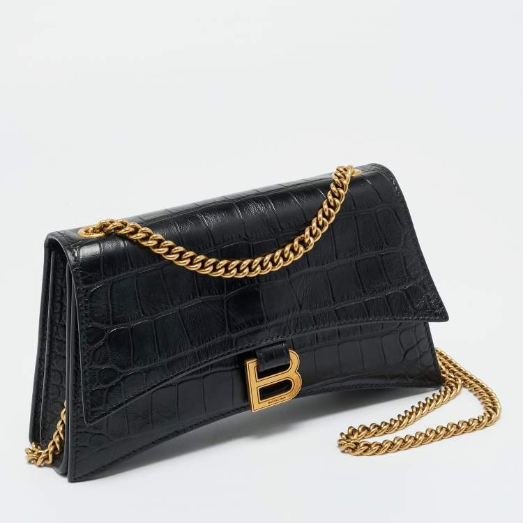 Pre Owned Balenciaga Black Croc Embossed Leather Small Hourglass Top Handle Bag