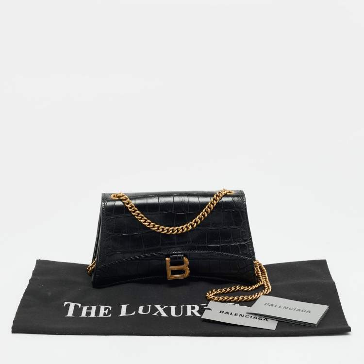 Pre Owned Balenciaga Black Croc Embossed Leather Small Hourglass Top Handle Bag