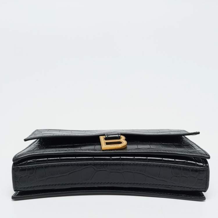 Pre Owned Balenciaga Black Croc Embossed Leather Small Hourglass Top Handle Bag