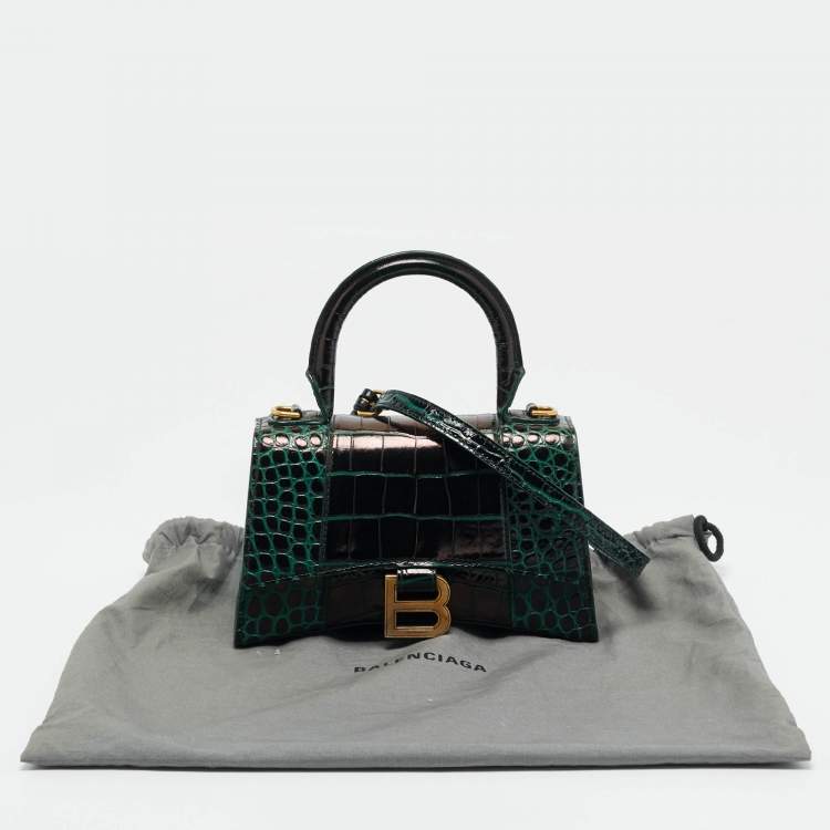 Pre Owned Balenciaga Dark Green Croc Embossed Leather XS Hourglass Top Handle Bag
