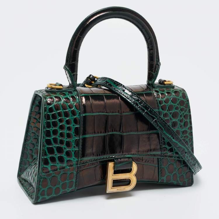 Pre Owned Balenciaga Dark Green Croc Embossed Leather XS Hourglass Top Handle Bag