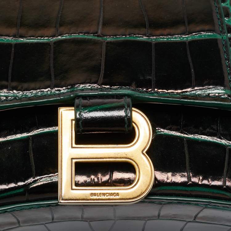 Pre Owned Balenciaga Dark Green Croc Embossed Leather XS Hourglass Top Handle Bag