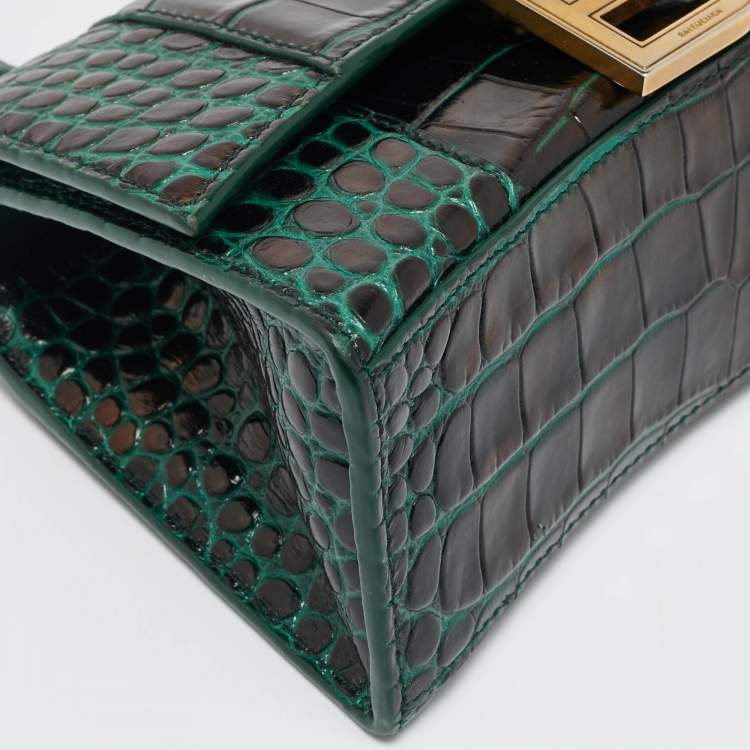 Pre Owned Balenciaga Dark Green Croc Embossed Leather XS Hourglass Top Handle Bag