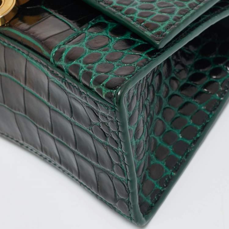Pre Owned Balenciaga Dark Green Croc Embossed Leather XS Hourglass Top Handle Bag