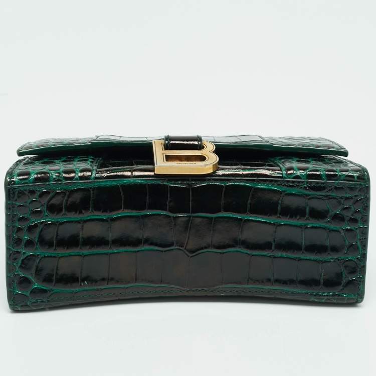 Pre Owned Balenciaga Dark Green Croc Embossed Leather XS Hourglass Top Handle Bag