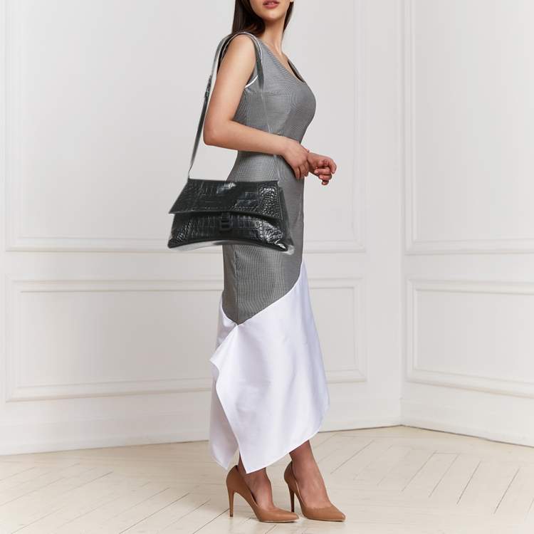 Pre Owned Balenciaga Black Croc Embossed Leather Hourglass Shoulder Bag