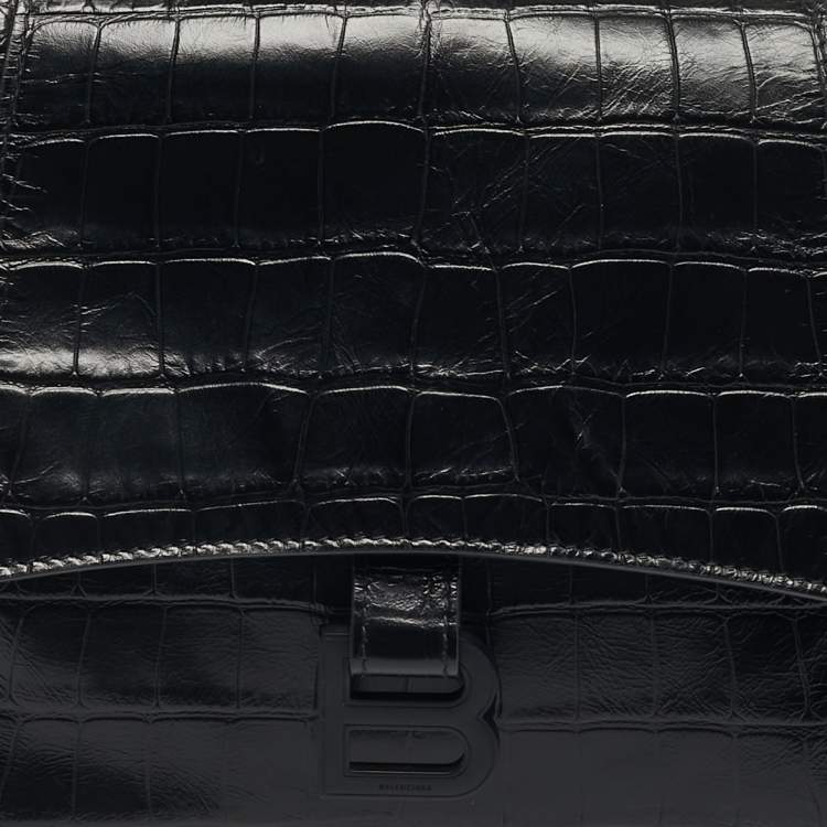 Pre Owned Balenciaga Black Croc Embossed Leather Hourglass Shoulder Bag