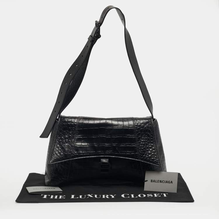 Pre Owned Balenciaga Black Croc Embossed Leather Hourglass Shoulder Bag