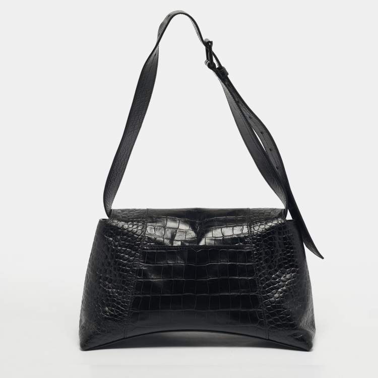Pre Owned Balenciaga Black Croc Embossed Leather Hourglass Shoulder Bag