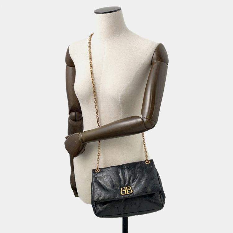 Pre Owned Balenciaga Monaco Chain shoulder Black Leather