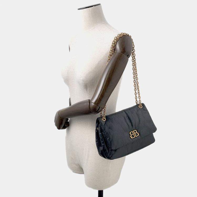 Pre Owned Balenciaga Monaco Chain shoulder Black Leather