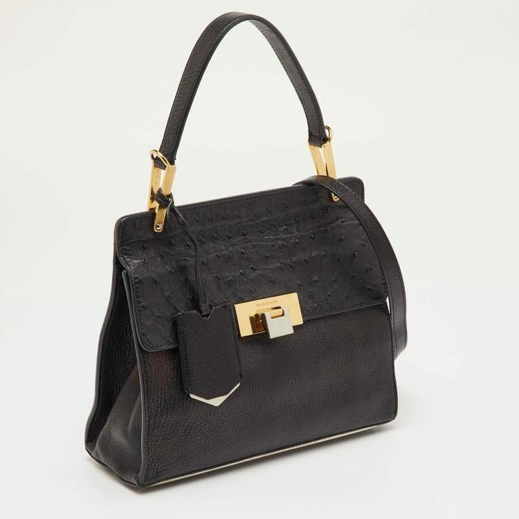 Pre Owned Balenciaga Black Leather and Ostrich Le Dix Cartable Top Handle Bag