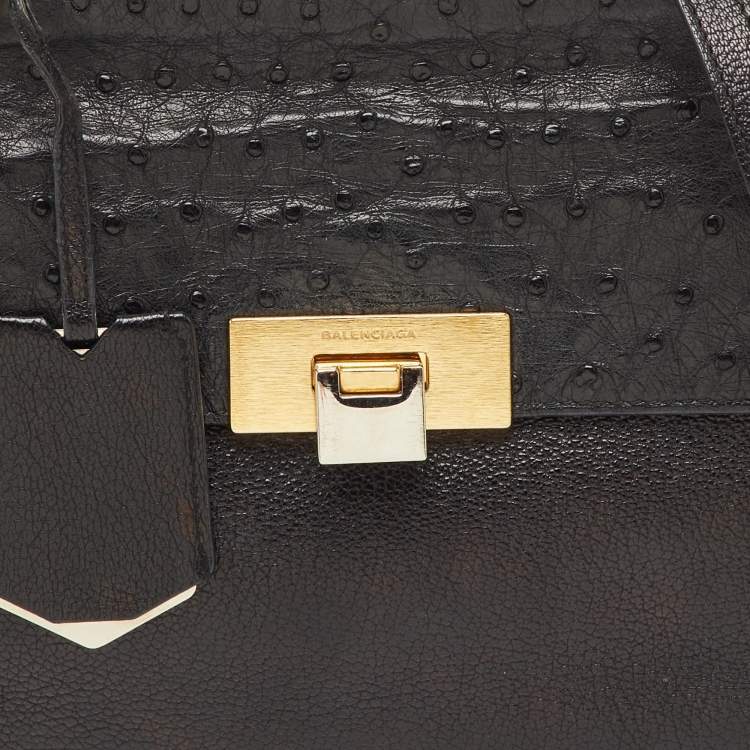 Pre Owned Balenciaga Black Leather and Ostrich Le Dix Cartable Top Handle Bag