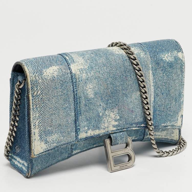 Pre Owned Balenciaga Hourglass Blue Denim Print Leather Wallet On Chain