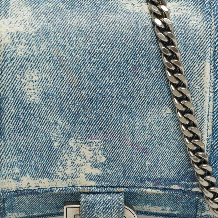 Pre Owned Balenciaga Hourglass Blue Denim Print Leather Wallet On Chain