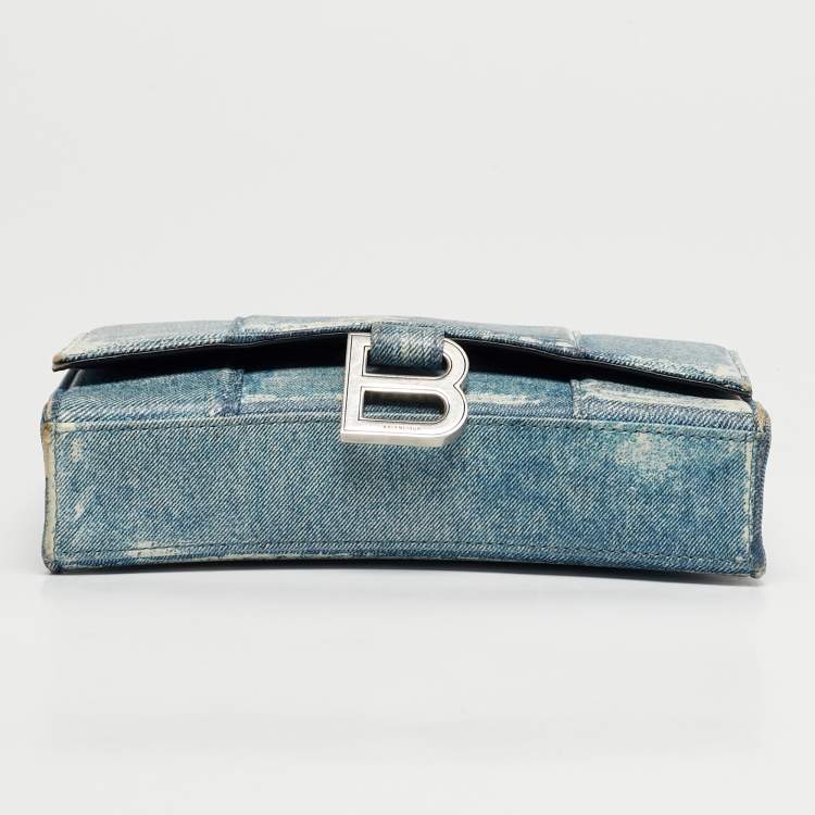 Pre Owned Balenciaga Hourglass Blue Denim Print Leather Wallet On Chain