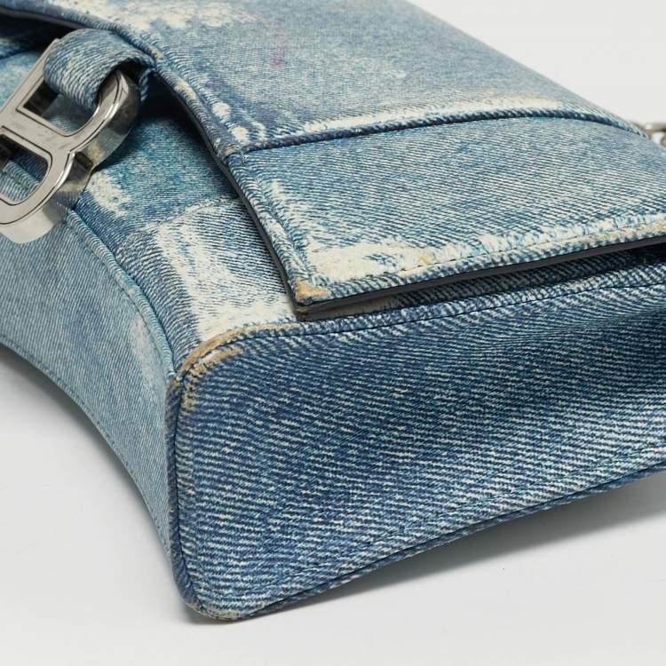 Pre Owned Balenciaga Hourglass Blue Denim Print Leather Wallet On Chain