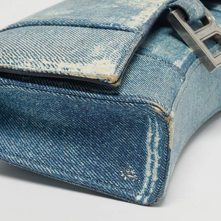 Pre Owned Balenciaga Hourglass Blue Denim Print Leather Wallet On Chain