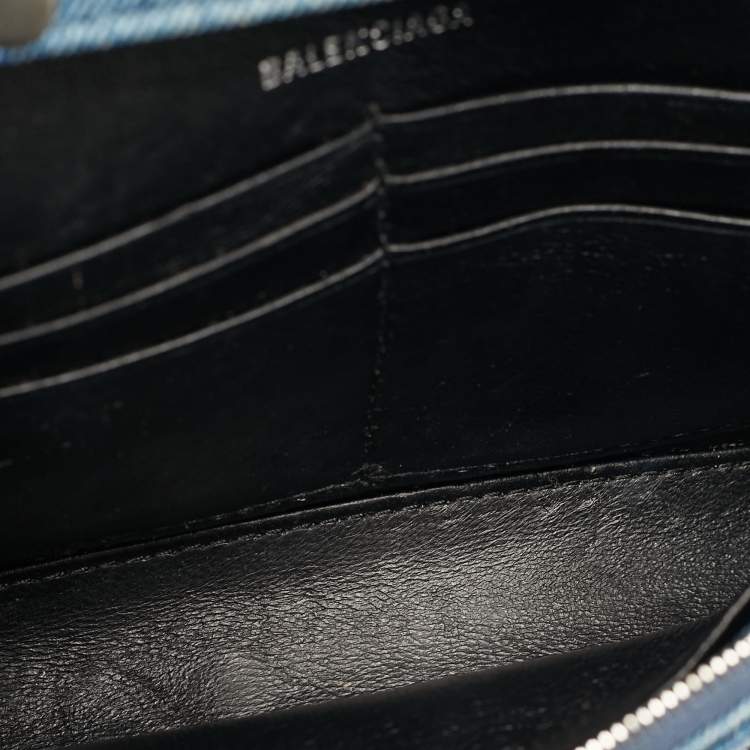 Pre Owned Balenciaga Hourglass Blue Denim Print Leather Wallet On Chain